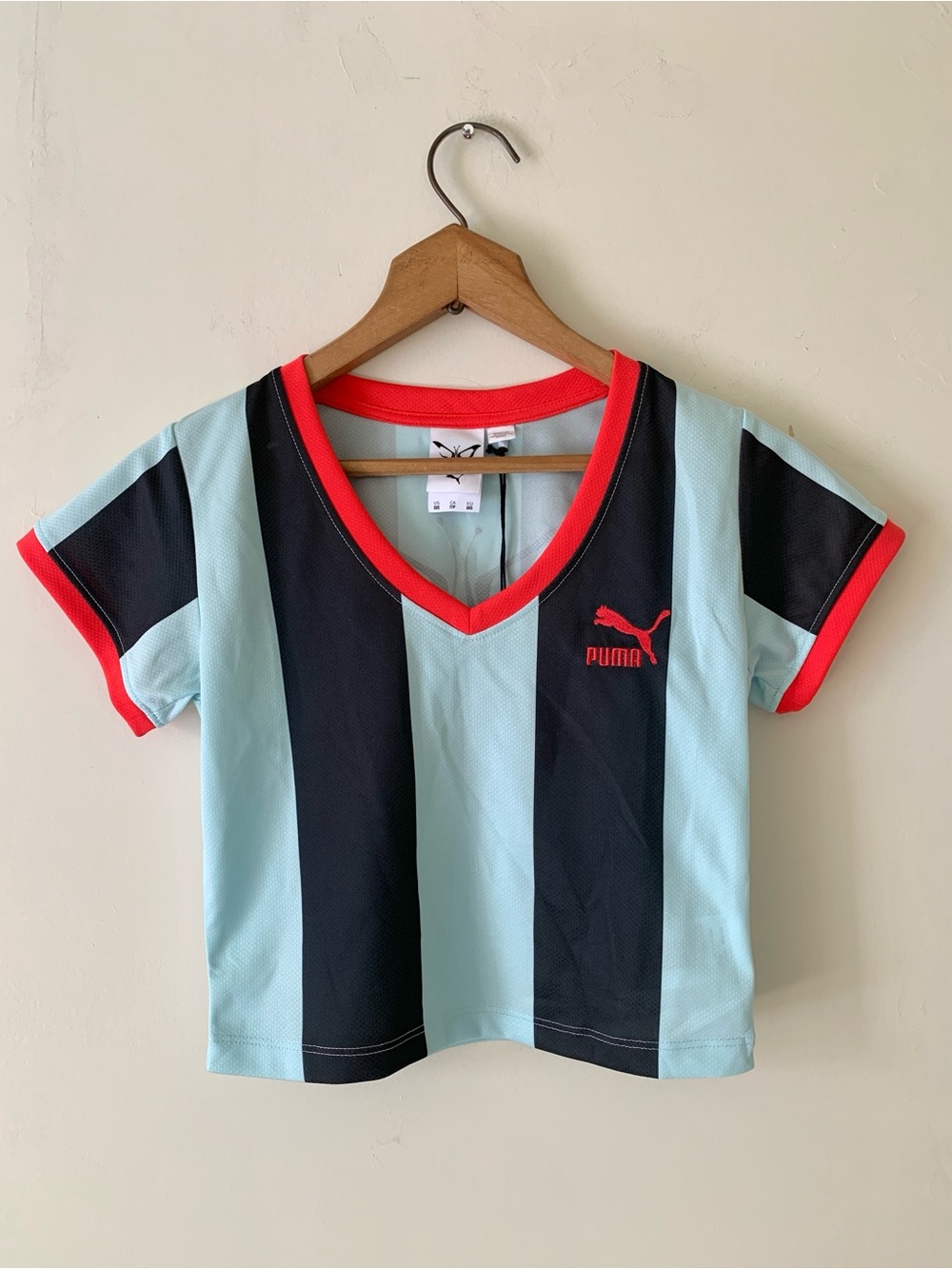 PUMA x DUA LIPA  V-Neck Stripe Cropped Top in Aqua, Black & Red